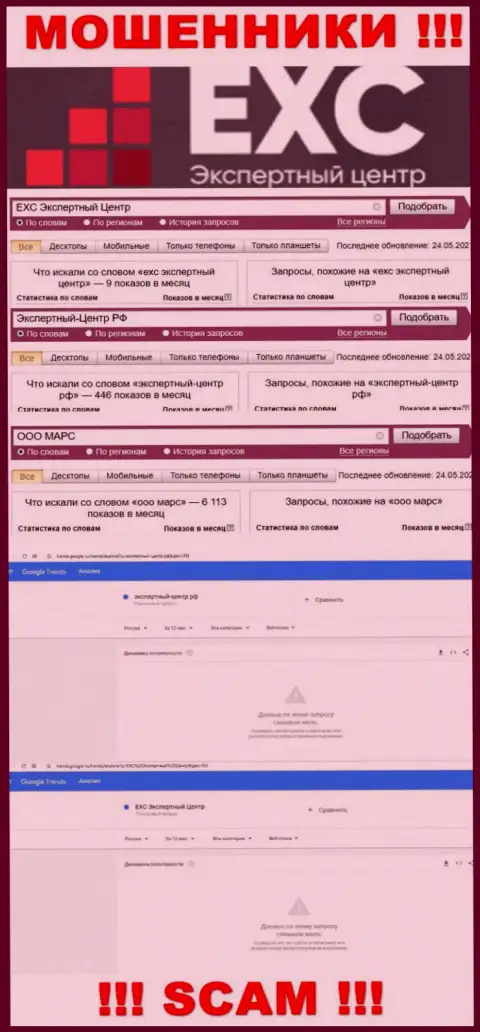 Статистика онлайн запросов по бренду Экспертный Центр РФ в сети интернет