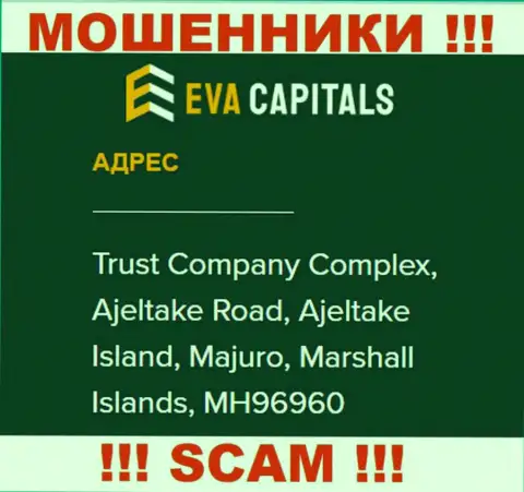 На портале EvaCapitals Com предоставлен оффшорный юридический адрес организации - Trust Company Complex, Ajeltake Road, Ajeltake Island, Majuro, Marshall Islands, MH96960, осторожнее - это лохотронщики