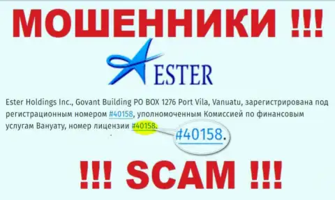 Хоть Ester Holdings Inc и размещают на сайте номер лицензии, знайте - они в любом случае ОБМАНЩИКИ !!!