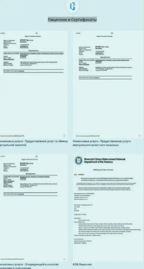 Лицензии, а также сертификаты онлайн обменника БТКБит