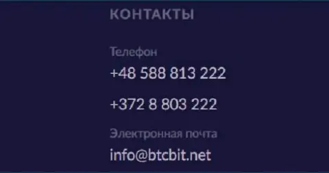 Телефон и адрес электронного ящика обменного online пункта BTCBit Net